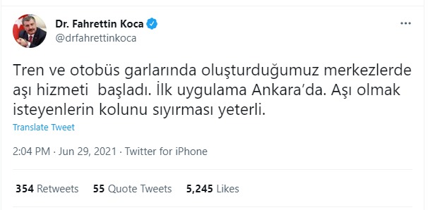 Tren ve otobüs garlarında aşı hizmeti başladı